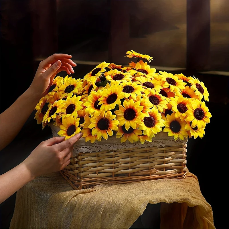 4 Bündel, künstliche Sonnenblumenbündel mit Stielen, Blumenstrauß, Kunstpflanzen, UV-beständiges Kunststoff-Grün, künstliche Blumenpflanzen für den Außenbereich, kein Verblassen, für die Dekoration von Garten, Veranda, Fensterkasten