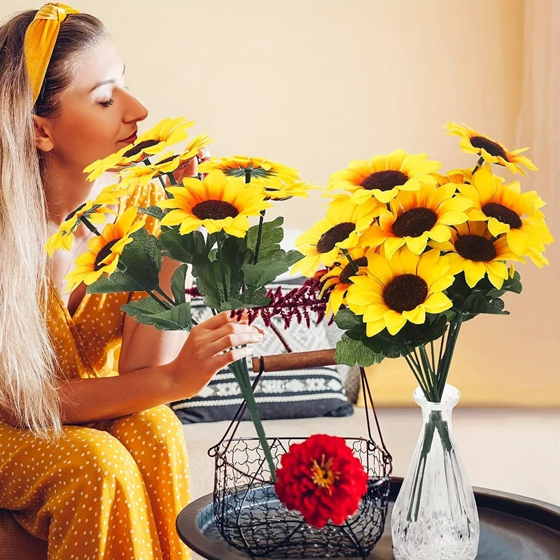 4 Bündel, künstliche Sonnenblumenbündel mit Stielen, Blumenstrauß, Kunstpflanzen, UV-beständiges Kunststoff-Grün, künstliche Blumenpflanzen für den Außenbereich, kein Verblassen, für die Dekoration von Garten, Veranda, Fensterkasten