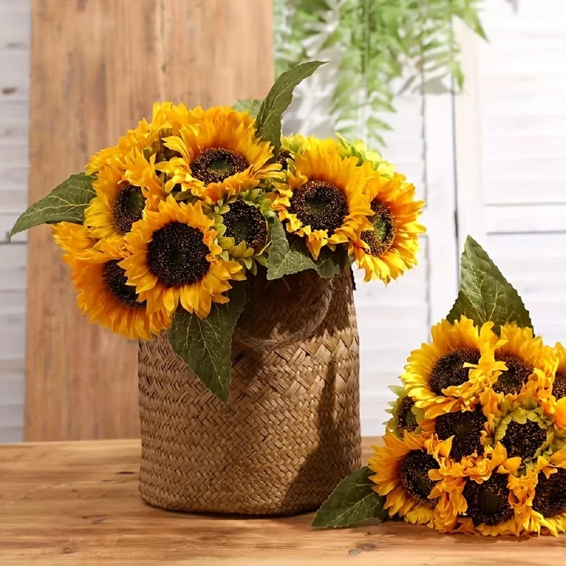 4 Bündel, künstliche Sonnenblumenbündel mit Stielen, Blumenstrauß, Kunstpflanzen, UV-beständiges Kunststoff-Grün, künstliche Blumenpflanzen für den Außenbereich, kein Verblassen, für die Dekoration von Garten, Veranda, Fensterkasten