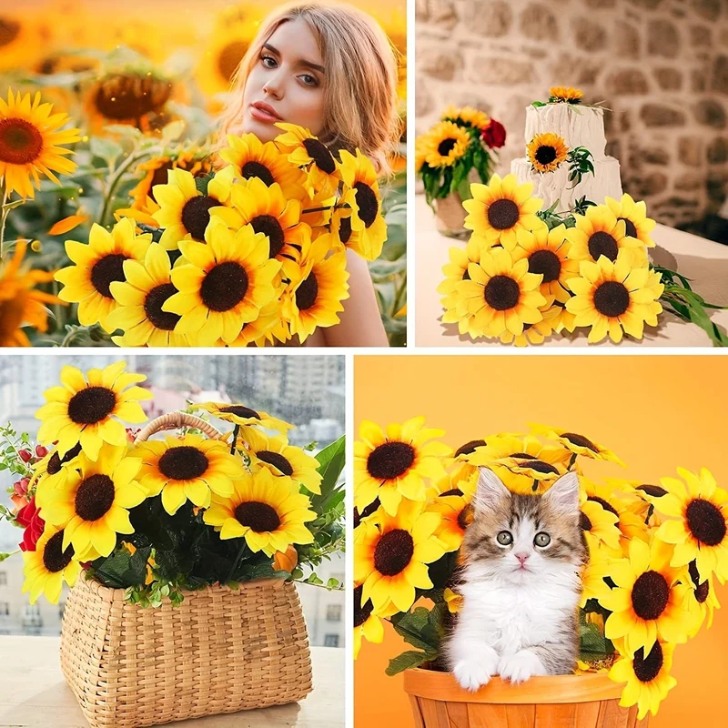 4 Bündel, künstliche Sonnenblumenbündel mit Stielen, Blumenstrauß, Kunstpflanzen, UV-beständiges Kunststoff-Grün, künstliche Blumenpflanzen für den Außenbereich, kein Verblassen, für die Dekoration von Garten, Veranda, Fensterkasten