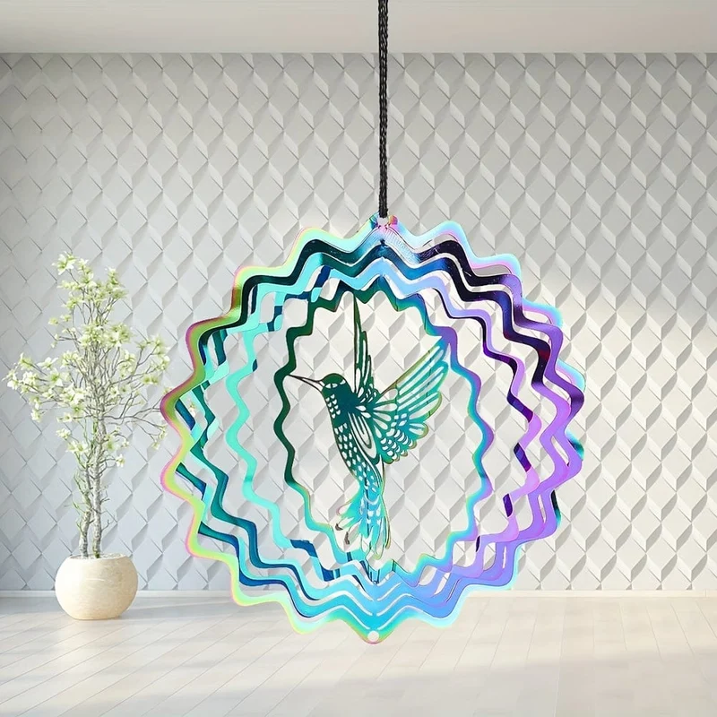 1 Stück bunter 3D-Kolibri, rotierender Windspiel-Anhänger, Metall-Windspinner, Gartenornament, Outdoor-Dekoration, Balkon, Fensterdekoration