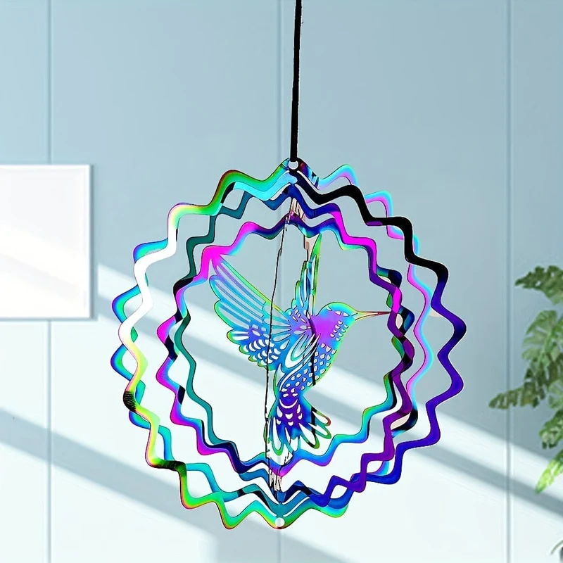 1 Stück bunter 3D-Kolibri, rotierender Windspiel-Anhänger, Metall-Windspinner, Gartenornament, Outdoor-Dekoration, Balkon, Fensterdekoration
