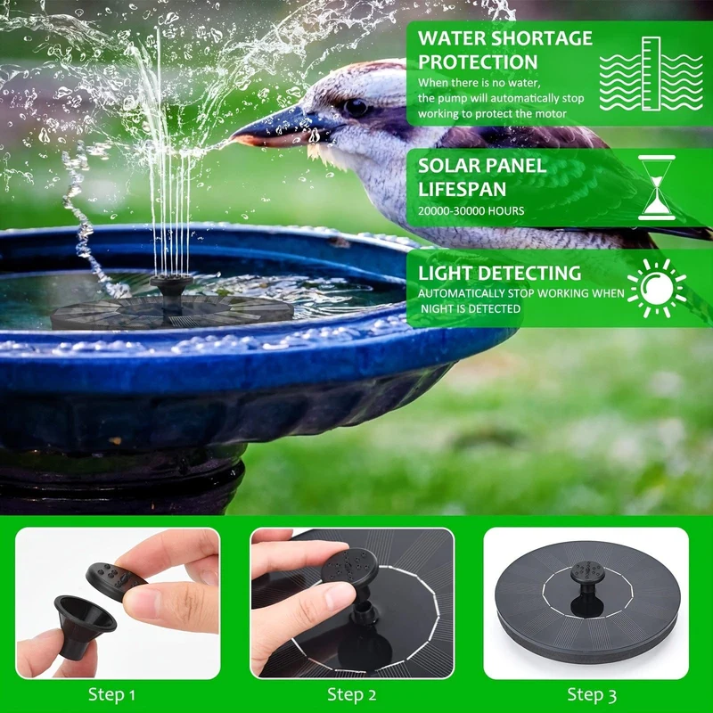 1 Stück solarbetriebene Springbrunnenpumpe, Solarbrunnen-Vogelbadpumpe mit 6 Düsen, freistehende tragbare schwimmende solarbetriebene Springbrunnenpumpe für Garten, Teich, Pool, Außen- und Hinterhof, 1.5 W