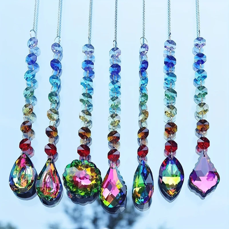 7 Stück bunte Kristallfänger zum Aufhängen, Lichtfänger mit Chakra-Perlen, Kette, Anhänger, Dekoration, Kristallprisma für Fenster, Haus, Garten, Weihnachtsfeier, Hochzeitsdekoration