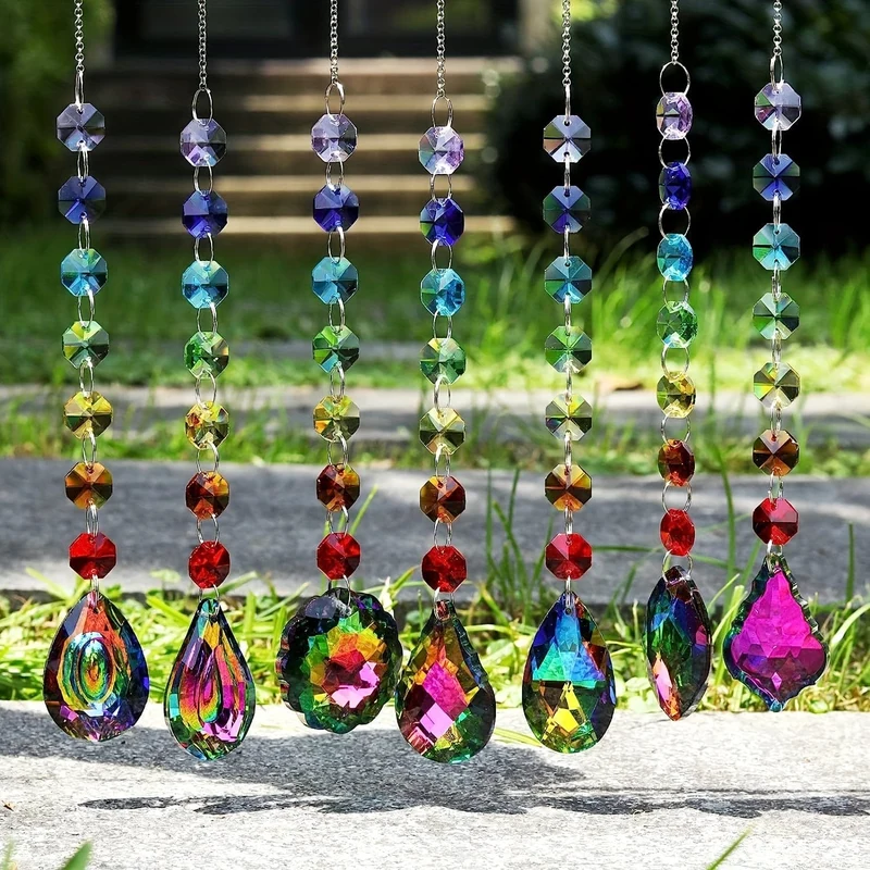 7 Stück bunte Kristallfänger zum Aufhängen, Lichtfänger mit Chakra-Perlen, Kette, Anhänger, Dekoration, Kristallprisma für Fenster, Haus, Garten, Weihnachtsfeier, Hochzeitsdekoration