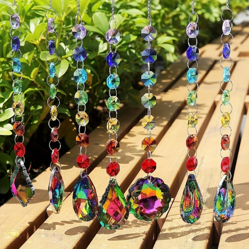 7 Stück bunte Kristallfänger zum Aufhängen, Lichtfänger mit Chakra-Perlen, Kette, Anhänger, Dekoration, Kristallprisma für Fenster, Haus, Garten, Weihnachtsfeier, Hochzeitsdekoration