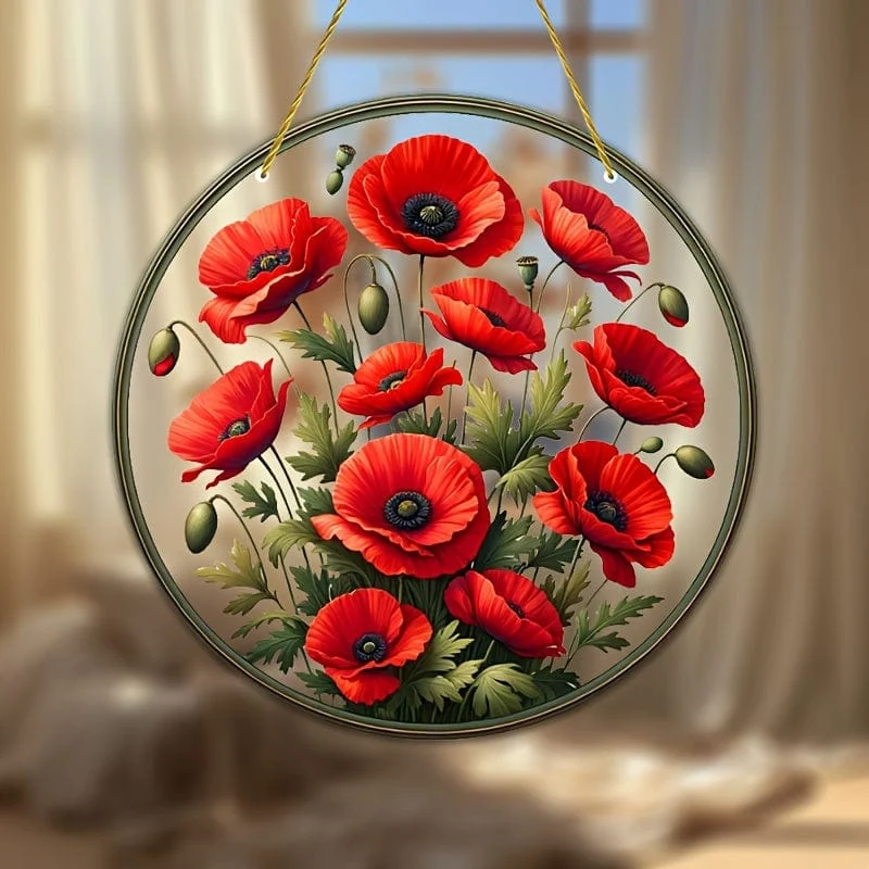 1 Stück, Sonnenfänger mit roten Blumen, gebeizte Fensterdekoration, Wanddekoration, Innen- und Außendekoration, Girlandendekoration, Veranda-Dekoration, Gartendekoration, Hof-, Schlafzimmer-, Büro- und Heimdekoration, Geschenk für Freunde, Geschenkideen zur Einweihungsfeier