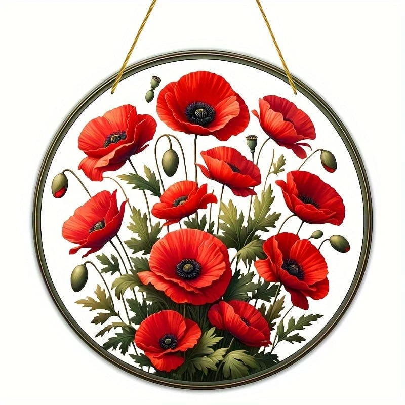 1 Stück, Sonnenfänger mit roten Blumen, gebeizte Fensterdekoration, Wanddekoration, Innen- und Außendekoration, Girlandendekoration, Veranda-Dekoration, Gartendekoration, Hof-, Schlafzimmer-, Büro- und Heimdekoration, Geschenk für Freunde, Geschenkideen zur Einweihungsfeier