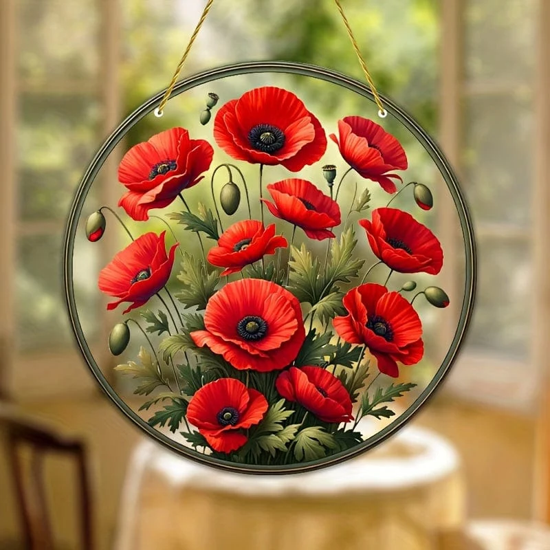 1 Stück, Sonnenfänger mit roten Blumen, gebeizte Fensterdekoration, Wanddekoration, Innen- und Außendekoration, Girlandendekoration, Veranda-Dekoration, Gartendekoration, Hof-, Schlafzimmer-, Büro- und Heimdekoration, Geschenk für Freunde, Geschenkideen zur Einweihungsfeier