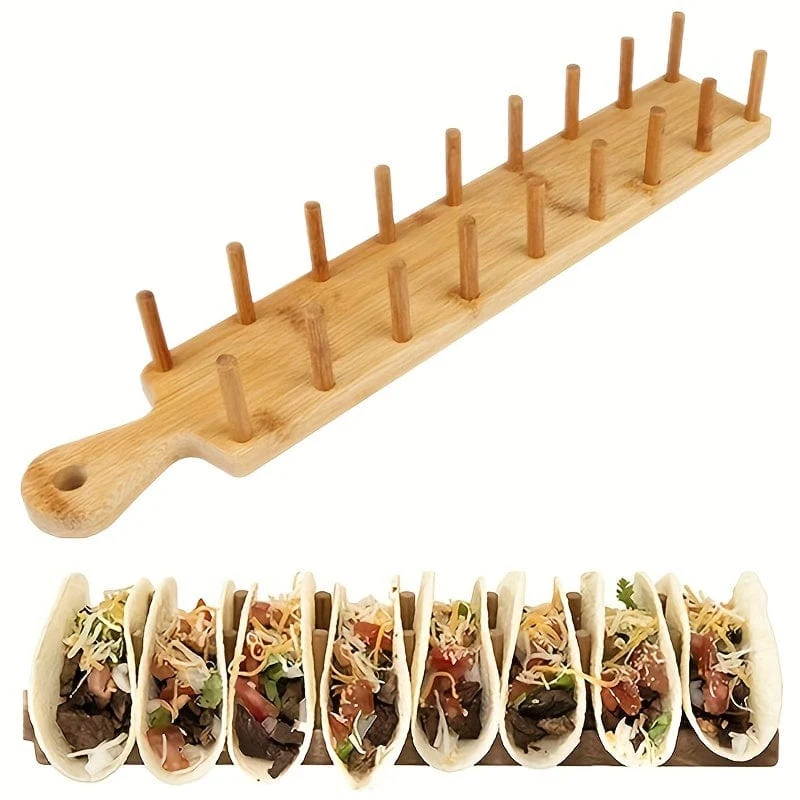 1 Stück, Holz-Taco-Halter, hölzernes Taco-Halter-Rack-Tablett, zum Aufstellen für 8 Soft- oder Hartschalen-Tacos, auch für Tortillas, Burritos-Server-Set, Bambus-Organizer-Tablett, Küchenutensilien