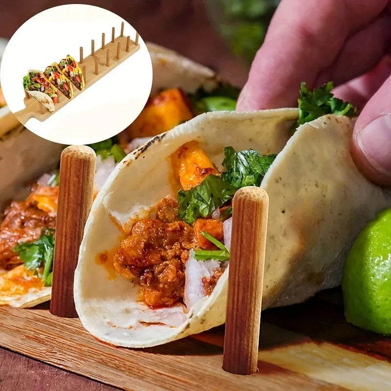 1 Stück, Holz-Taco-Halter, hölzernes Taco-Halter-Rack-Tablett, zum Aufstellen für 8 Soft- oder Hartschalen-Tacos, auch für Tortillas, Burritos-Server-Set, Bambus-Organizer-Tablett, Küchenutensilien