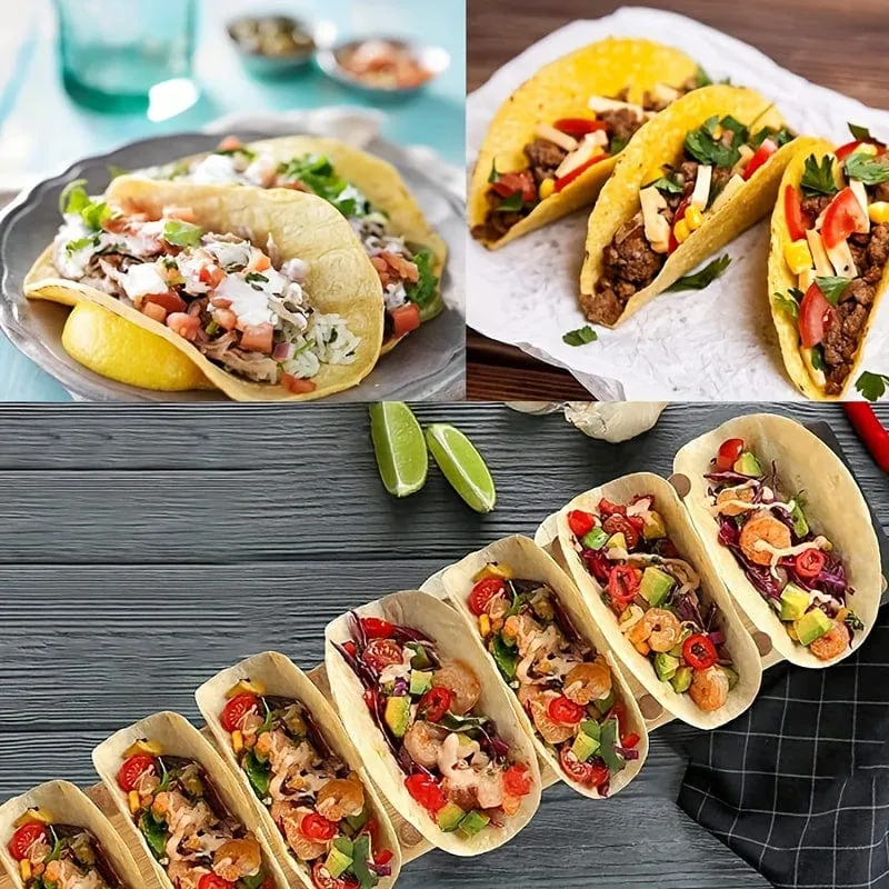 1 Stück, Holz-Taco-Halter, hölzernes Taco-Halter-Rack-Tablett, zum Aufstellen für 8 Soft- oder Hartschalen-Tacos, auch für Tortillas, Burritos-Server-Set, Bambus-Organizer-Tablett, Küchenutensilien