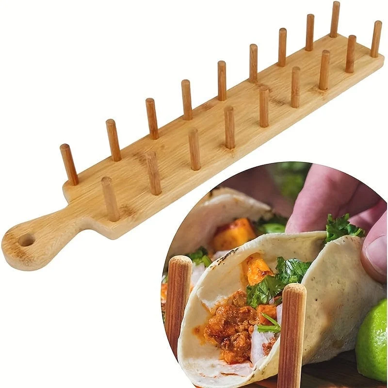 1 Stück, Holz-Taco-Halter, hölzernes Taco-Halter-Rack-Tablett, zum Aufstellen für 8 Soft- oder Hartschalen-Tacos, auch für Tortillas, Burritos-Server-Set, Bambus-Organizer-Tablett, Küchenutensilien