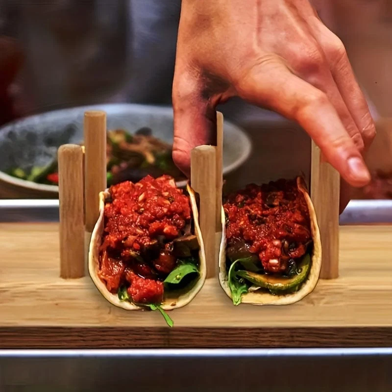 1 Stück, Holz-Taco-Halter, hölzernes Taco-Halter-Rack-Tablett, zum Aufstellen für 8 Soft- oder Hartschalen-Tacos, auch für Tortillas, Burritos-Server-Set, Bambus-Organizer-Tablett, Küchenutensilien