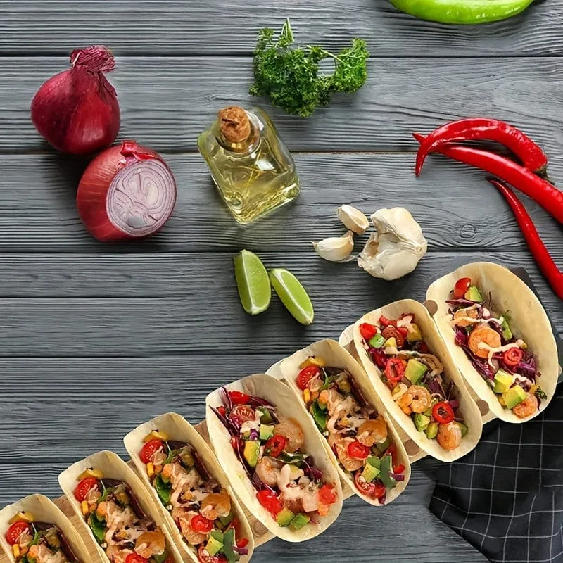 1 Stück, Holz-Taco-Halter, hölzernes Taco-Halter-Rack-Tablett, zum Aufstellen für 8 Soft- oder Hartschalen-Tacos, auch für Tortillas, Burritos-Server-Set, Bambus-Organizer-Tablett, Küchenutensilien