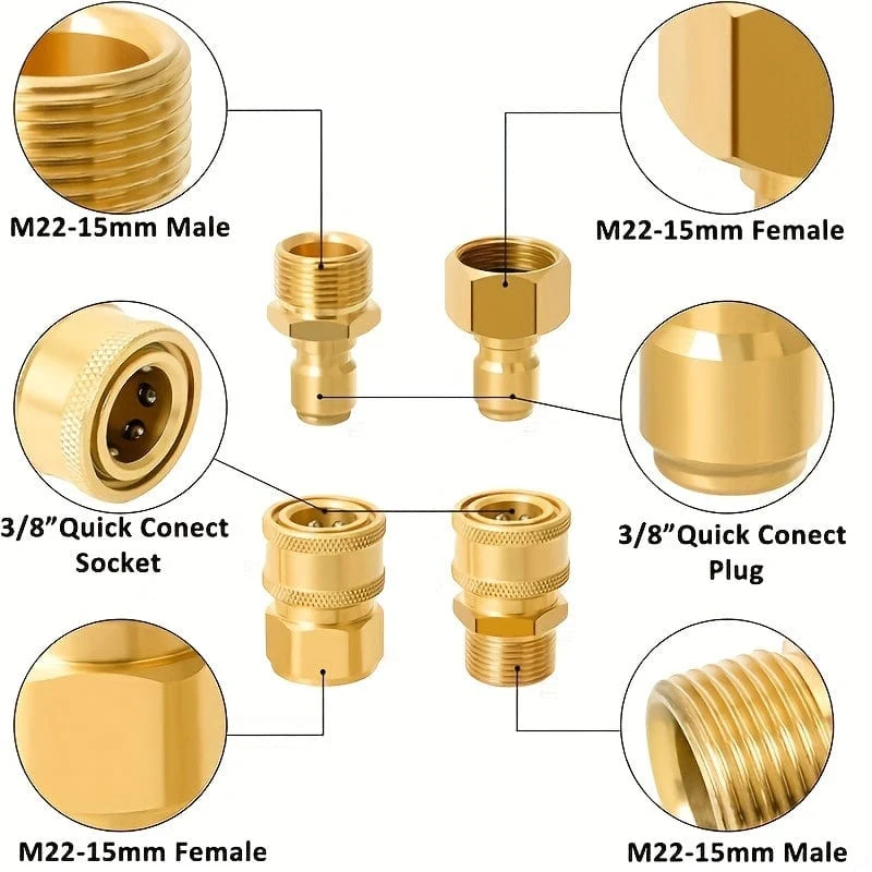 4 Packungen Hochdruckreiniger-Schnellkupplungs-Adapter-Set, M22-15 mm auf 3/8 Zoll Schnellkupplungen, komplett aus massivem Messing, kompatibel mit elektrischen Hochdruckreinigern von Sun Joe, Campbell, MI-TM und Stanley