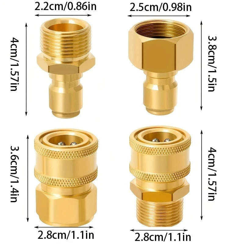 4 Packungen Hochdruckreiniger-Schnellkupplungs-Adapter-Set, M22-15 mm auf 3/8 Zoll Schnellkupplungen, komplett aus massivem Messing, kompatibel mit elektrischen Hochdruckreinigern von Sun Joe, Campbell, MI-TM und Stanley