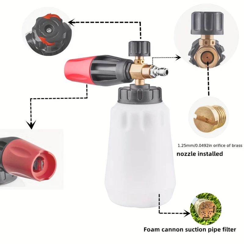 1pc Schnee Schaum Kanone Lanze Mit 1000ML Flasche Hochdruckreiniger Auto Waschen Klar Schnee Kanone Große Öffnung, 1/4 Quick Connect