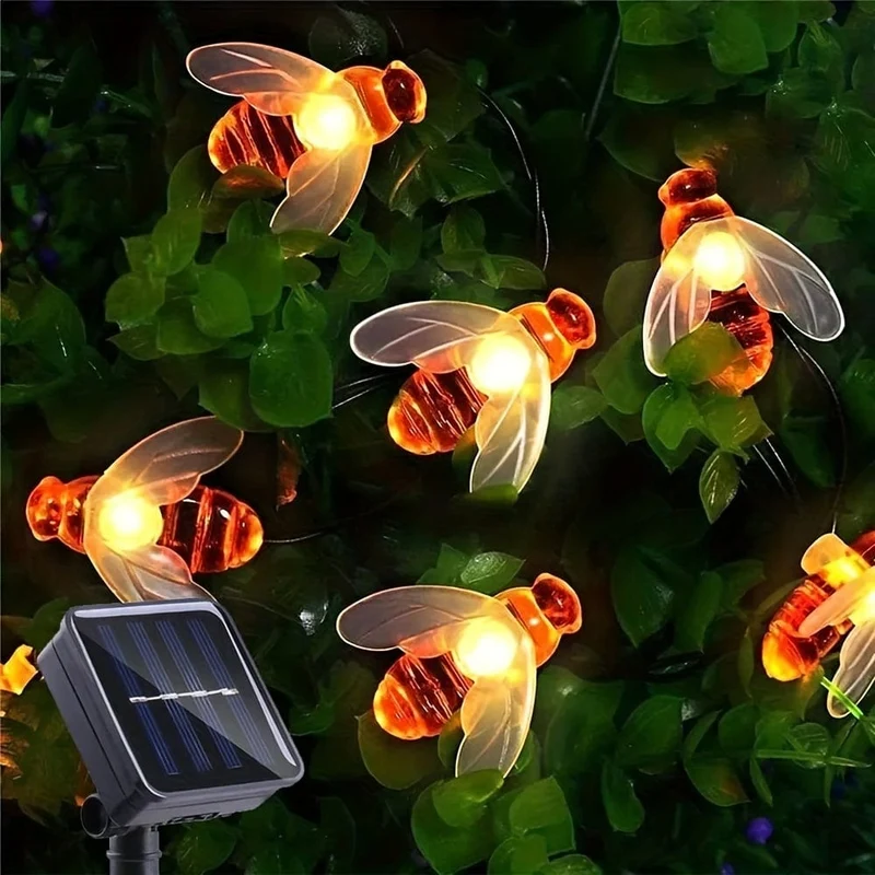 1 Packung Solar-Lichterkette mit niedlichen Honigbienen, LED-Lichterkette, 5 m, 20 LEDs, Bienen-Außengarten-Zaun-Terrassen-Weihnachtsgirlanden-Lichter