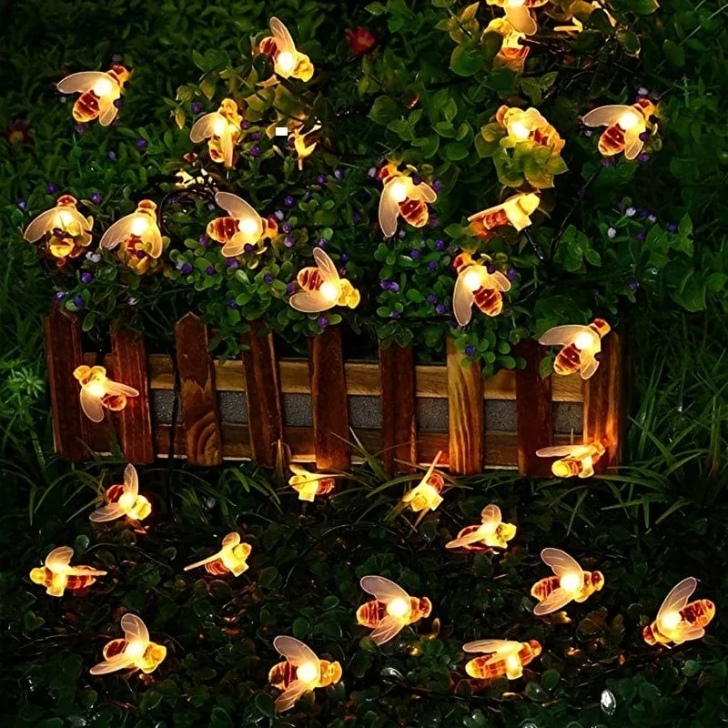 1 Packung Solar-Lichterkette mit niedlichen Honigbienen, LED-Lichterkette, 5 m, 20 LEDs, Bienen-Außengarten-Zaun-Terrassen-Weihnachtsgirlanden-Lichter