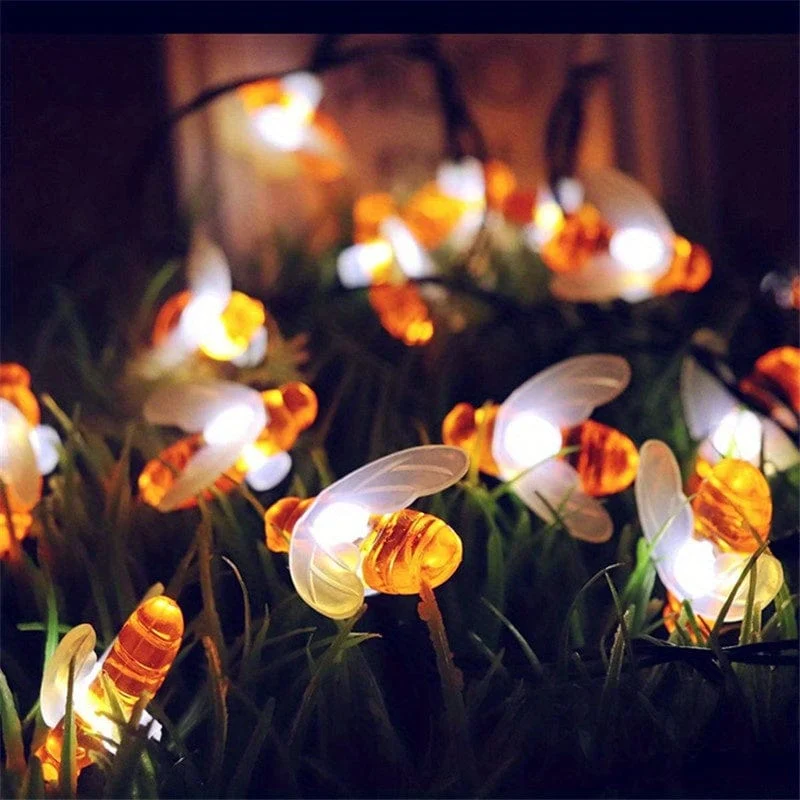 1 Packung Solar-Lichterkette mit niedlichen Honigbienen, LED-Lichterkette, 5 m, 20 LEDs, Bienen-Außengarten-Zaun-Terrassen-Weihnachtsgirlanden-Lichter