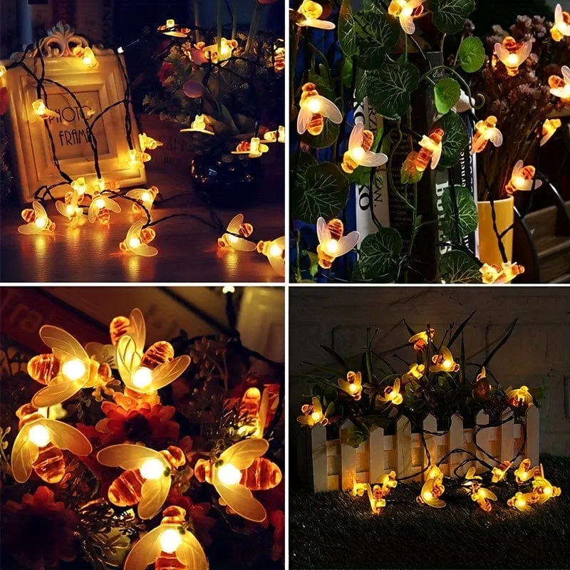 1 Packung Solar-Lichterkette mit niedlichen Honigbienen, LED-Lichterkette, 5 m, 20 LEDs, Bienen-Außengarten-Zaun-Terrassen-Weihnachtsgirlanden-Lichter