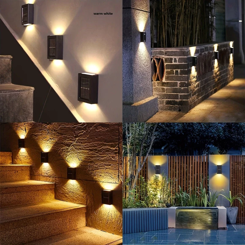 1-teiliges 4-LED-Solar-Wandleuchten-Set, beleuchtet nach oben und unten Sonnenlicht-Sensor-Lampe für den Außenbereich, wasserdicht, modernes Dekor im nordischen Stil für Veranden, Wege, Gärten, Innenhöfe, Rasen, Terrasse, Zaun und Gasse