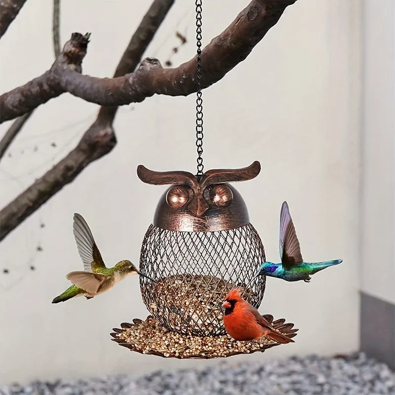 1 Stück Eulenförmiger Futterspender für Wildvögel im Freien, zum Aufhängen, robustes Kupfer-Metallgeflecht, Wildfinken-Vogelfutterspender für draußen, mit Haken für Garten- und Hofdekoration