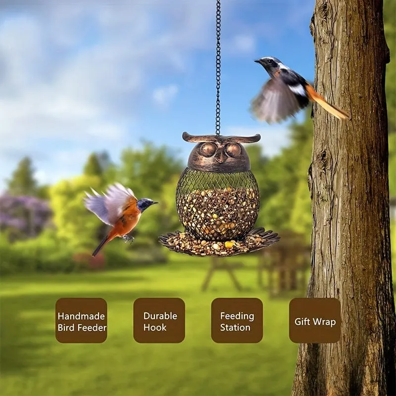 1 Stück Eulenförmiger Futterspender für Wildvögel im Freien, zum Aufhängen, robustes Kupfer-Metallgeflecht, Wildfinken-Vogelfutterspender für draußen, mit Haken für Garten- und Hofdekoration