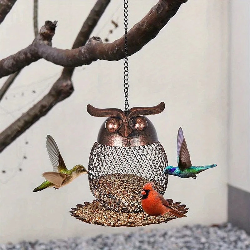 1 Stück Eulenförmiger Futterspender für Wildvögel im Freien, zum Aufhängen, robustes Kupfer-Metallgeflecht, Wildfinken-Vogelfutterspender für draußen, mit Haken für Garten- und Hofdekoration