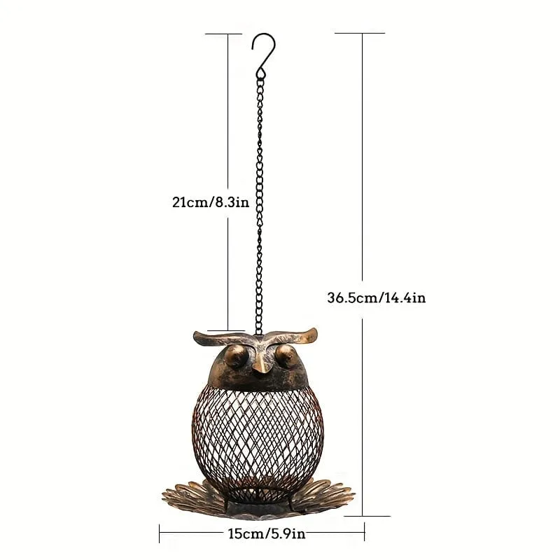 1 Stück Eulenförmiger Futterspender für Wildvögel im Freien, zum Aufhängen, robustes Kupfer-Metallgeflecht, Wildfinken-Vogelfutterspender für draußen, mit Haken für Garten- und Hofdekoration