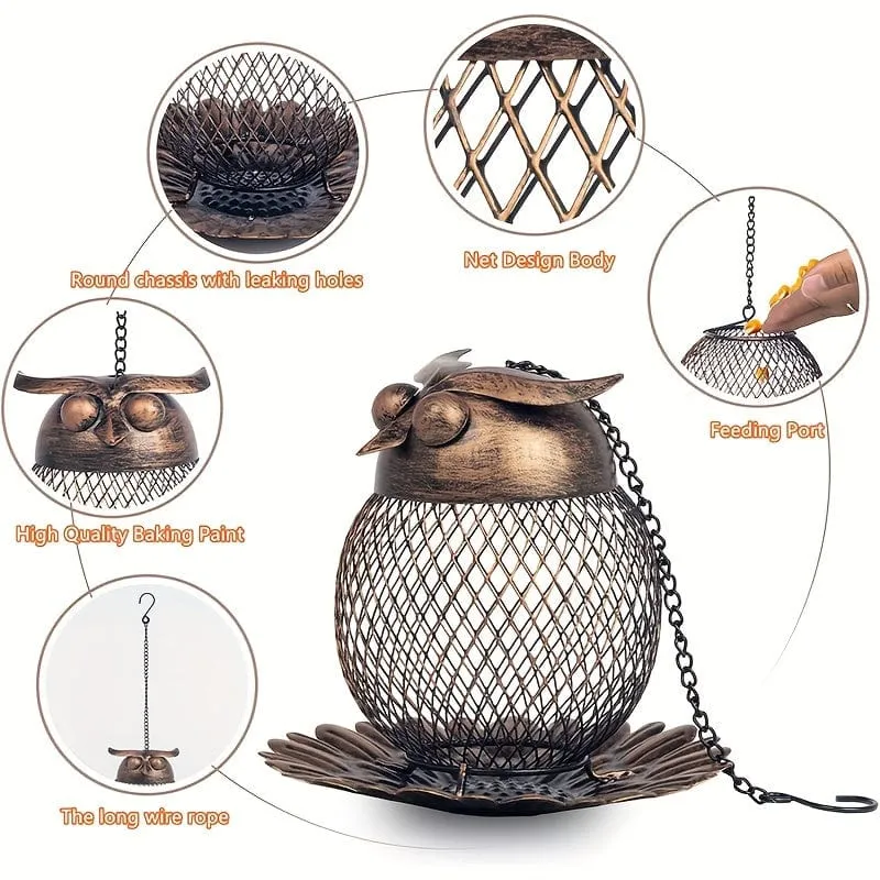 1 Stück Eulenförmiger Futterspender für Wildvögel im Freien, zum Aufhängen, robustes Kupfer-Metallgeflecht, Wildfinken-Vogelfutterspender für draußen, mit Haken für Garten- und Hofdekoration