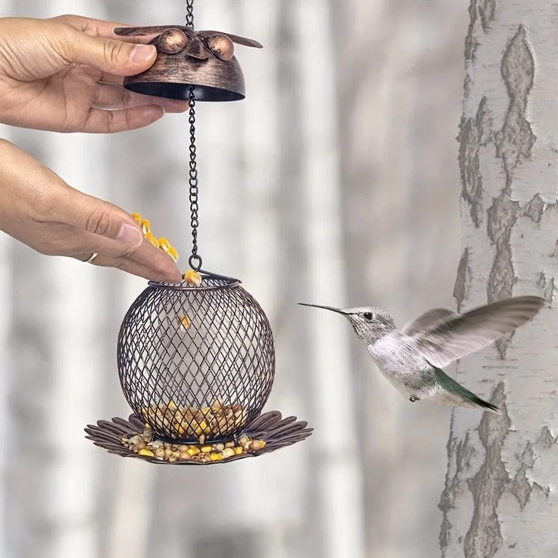 1 Stück Eulenförmiger Futterspender für Wildvögel im Freien, zum Aufhängen, robustes Kupfer-Metallgeflecht, Wildfinken-Vogelfutterspender für draußen, mit Haken für Garten- und Hofdekoration