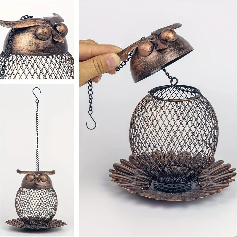 1 Stück Eulenförmiger Futterspender für Wildvögel im Freien, zum Aufhängen, robustes Kupfer-Metallgeflecht, Wildfinken-Vogelfutterspender für draußen, mit Haken für Garten- und Hofdekoration