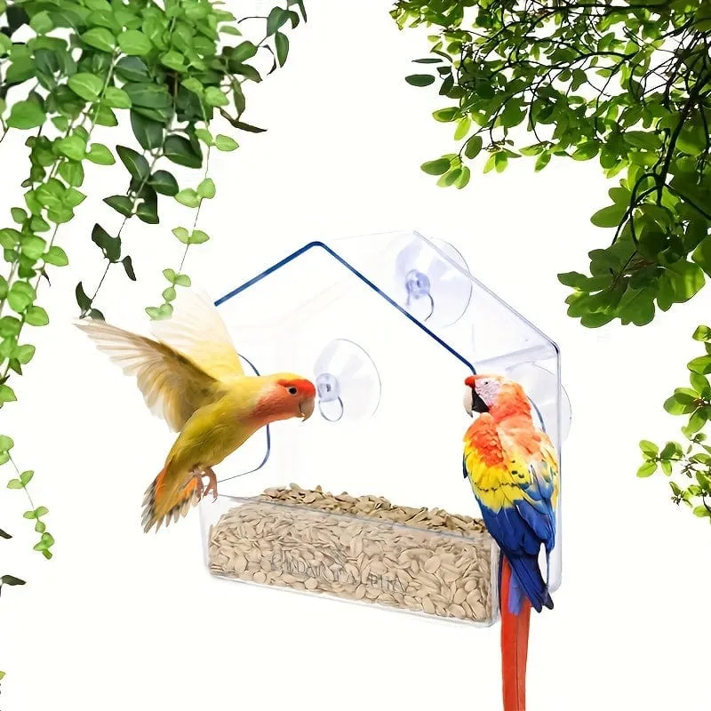 1 Stück Fenster-Vogelfutterspender für draußen, transparente Kunststoff-Fenster-Vogelfutterspender mit starken Saugnäpfen, transparenter Vogelfutterhalter, Heimfenster-Vogelhaus