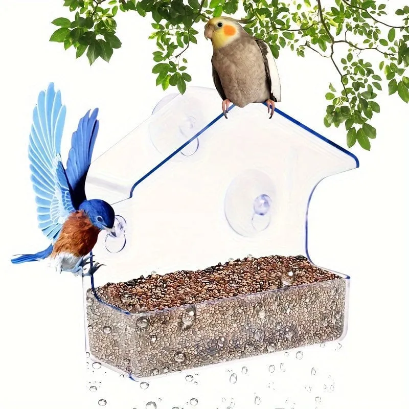 1 Stück Fenster-Vogelfutterspender für draußen, transparente Kunststoff-Fenster-Vogelfutterspender mit starken Saugnäpfen, transparenter Vogelfutterhalter, Heimfenster-Vogelhaus