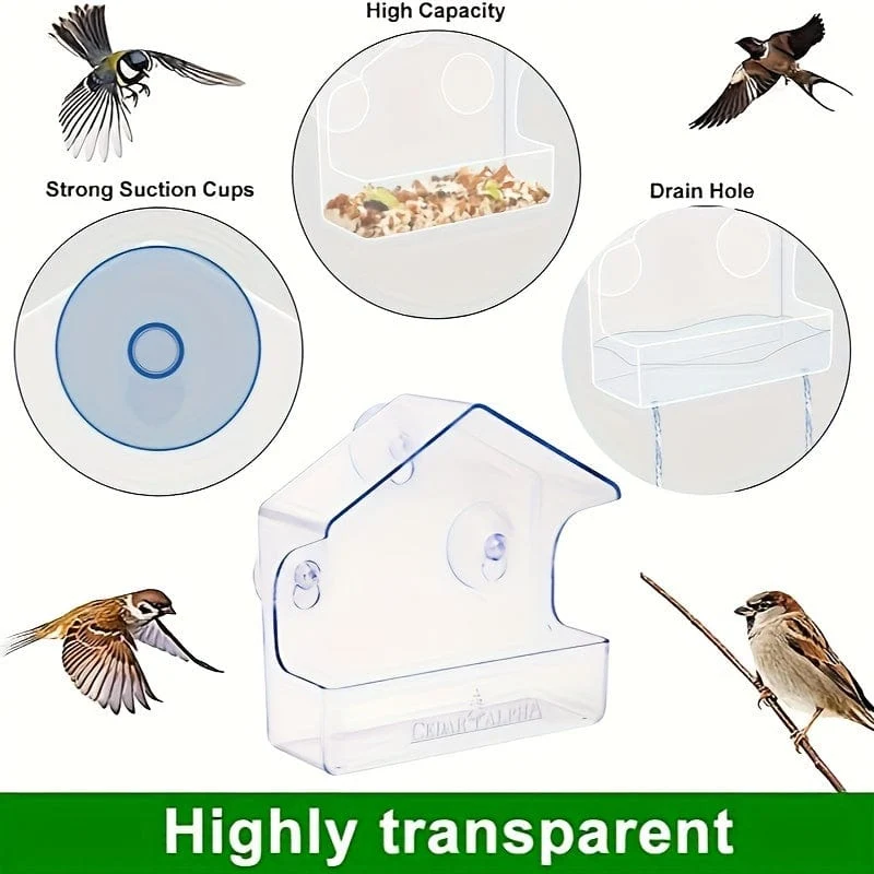 1 Stück Fenster-Vogelfutterspender für draußen, transparente Kunststoff-Fenster-Vogelfutterspender mit starken Saugnäpfen, transparenter Vogelfutterhalter, Heimfenster-Vogelhaus