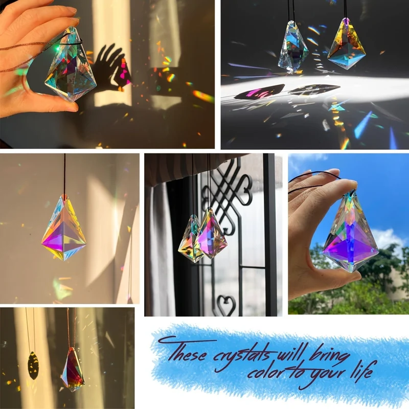 2 Stück Prisma-Kristall-Sonnenfänger, geschnittene geometrische Tropfen-Hänge-Sonnenfänger, Regenbogen-Maker für Fenster, Balkon, Küche, Gartendekoration