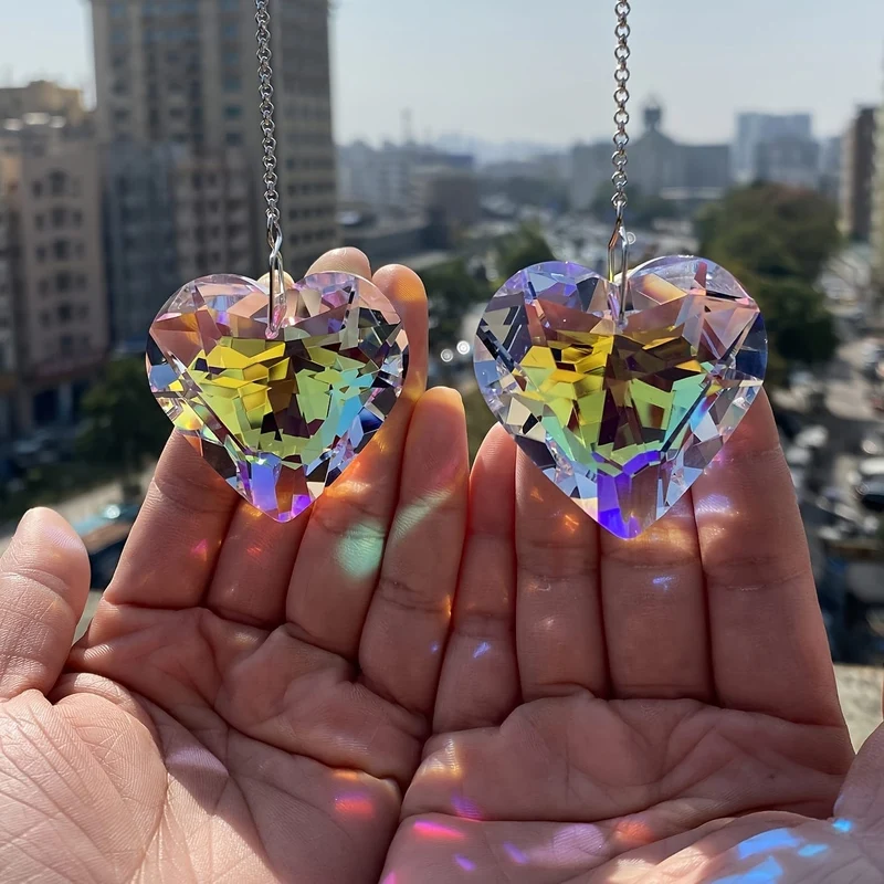 2 Stück Herz-Kristall-Sonnenfänger, Regenbogen-Maker für Fenster, hängende Sonnenfänger mit Glasprisma für Balkon, Küche, Garten
