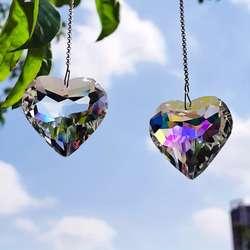 2 Stück Herz-Kristall-Sonnenfänger, Regenbogen-Maker für Fenster, hängende Sonnenfänger mit Glasprisma für Balkon, Küche, Garten
