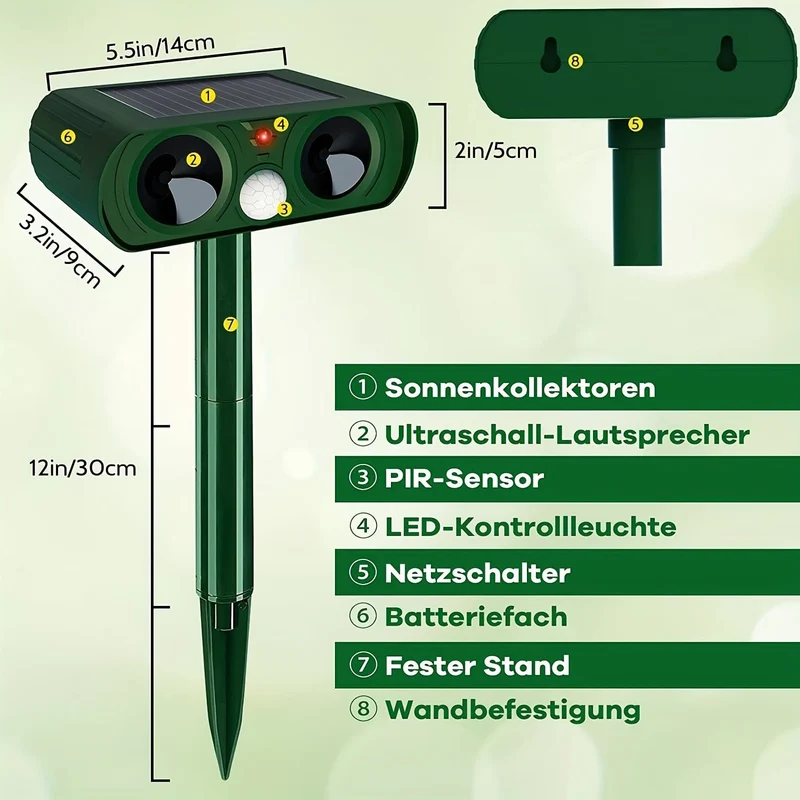 1 Stück, Solar-Ultraschall-Insektenschutz für den Außenbereich für Ratten, Waschbären, Stinktiere, Maulwürfe, Hunde, Katzen, Schädlinge, Vögel, Schlangen, Wildtiere, gefährliche Tiere, kommt mit wasserdichtem Bewegungsmelder, leistungsstark solarbetrieben.