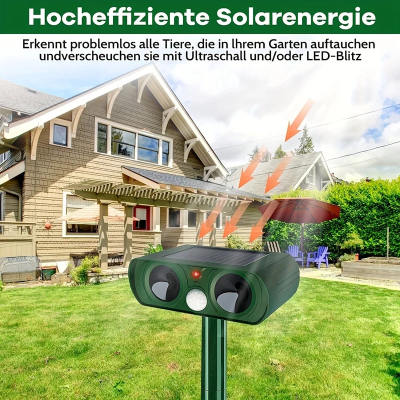 1 Stück, Solar-Ultraschall-Insektenschutz für den Außenbereich für Ratten, Waschbären, Stinktiere, Maulwürfe, Hunde, Katzen, Schädlinge, Vögel, Schlangen, Wildtiere, gefährliche Tiere, kommt mit wasserdichtem Bewegungsmelder, leistungsstark solarbetrieben.