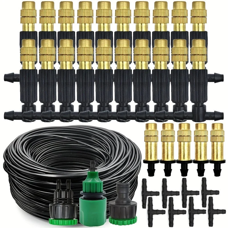 1 Packung, 5 m–30 m, Außenbefeuchtung, Kühlsystem, Gartenbewässerung, Bewässerung, 1/4 Zoll Messing-Zerstäuberdüsen, 4/7 mm Schlauch für Terrassengewächshaus