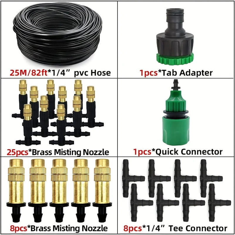 1 Packung, 5 m–30 m, Außenbefeuchtung, Kühlsystem, Gartenbewässerung, Bewässerung, 1/4 Zoll Messing-Zerstäuberdüsen, 4/7 mm Schlauch für Terrassengewächshaus