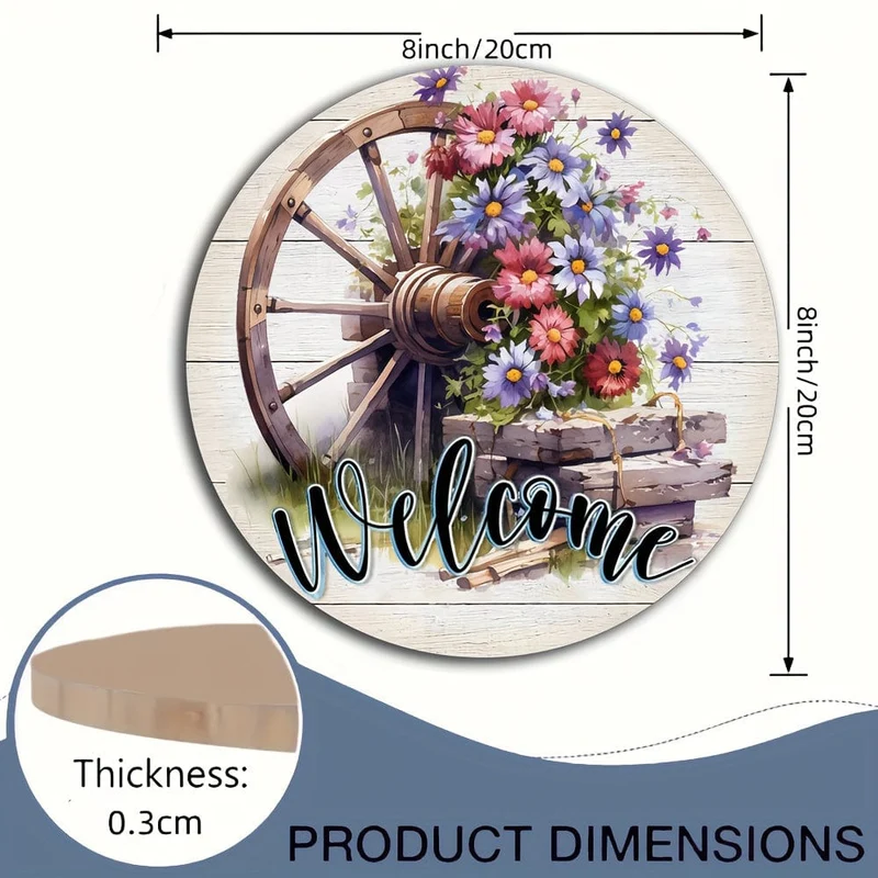 1 Stück Frühlings-Willkommensschild, Vintage-Girlande, Holz-Hängeschild, Holz-Hängetafel, Haustür, Veranda, Wohnzimmer, Schlafzimmer, Heimdekoration, rustikale runde Wanddekoration