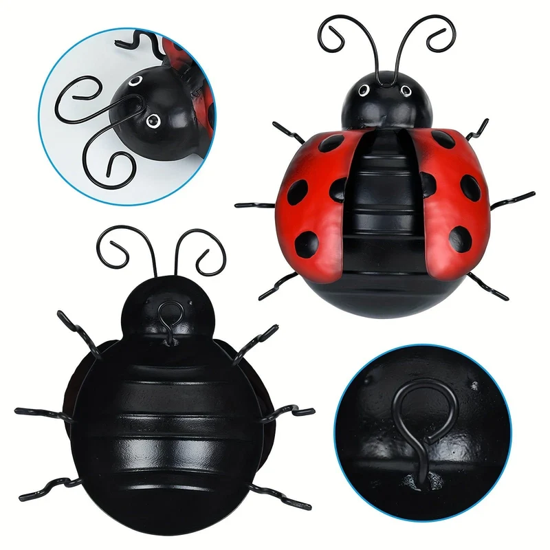 3 Stück/Set niedliche Marienkäfer-Skulptur aus Metall, Wandkunst-Dekor, Innen- und Außenbereich, dekorativ, rote Marienkäfer zum Aufhängen für Garten, Hinterhof, Veranda, Zuhause, Terrasse, Rasen, Zaun, Dekorationen, kreative Urlaubsdekorationen