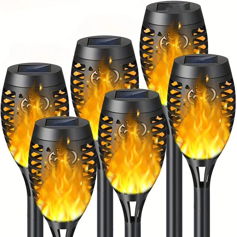6 Stück wasserdichte Solar-Flammenfackeln für den Außenbereich, LED-Fackeln mit flackernden Flammen, Halloween-Dekorationsleuchten im Freien, für Weihnachten, Halloween, Garten, Hof, Terrasse, automatisches Ein-/Ausschalten