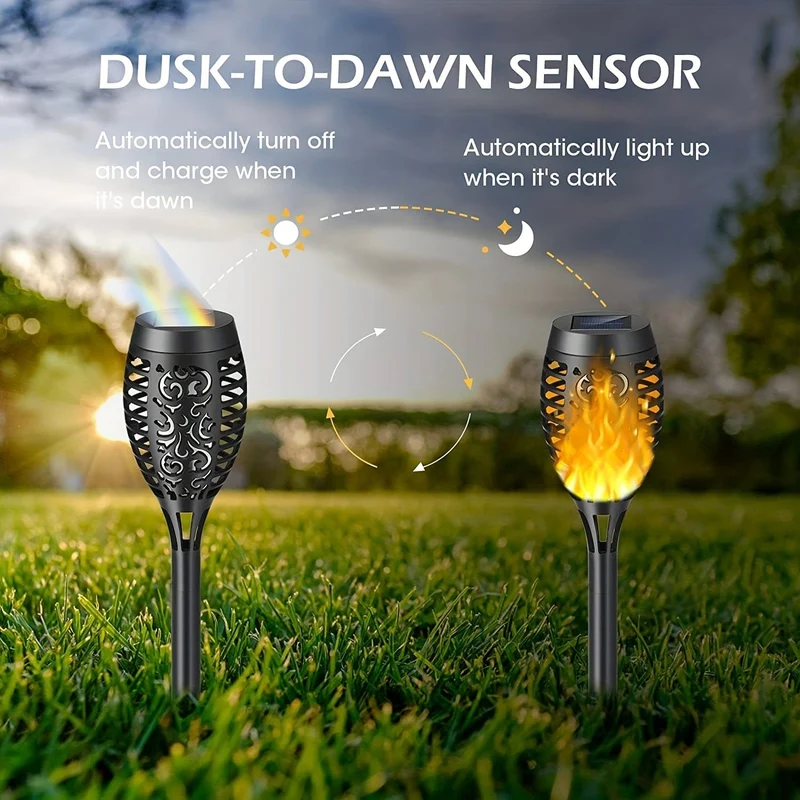 6 Stück wasserdichte Solar-Flammenfackeln für den Außenbereich, LED-Fackeln mit flackernden Flammen, Halloween-Dekorationsleuchten im Freien, für Weihnachten, Halloween, Garten, Hof, Terrasse, automatisches Ein-/Ausschalten