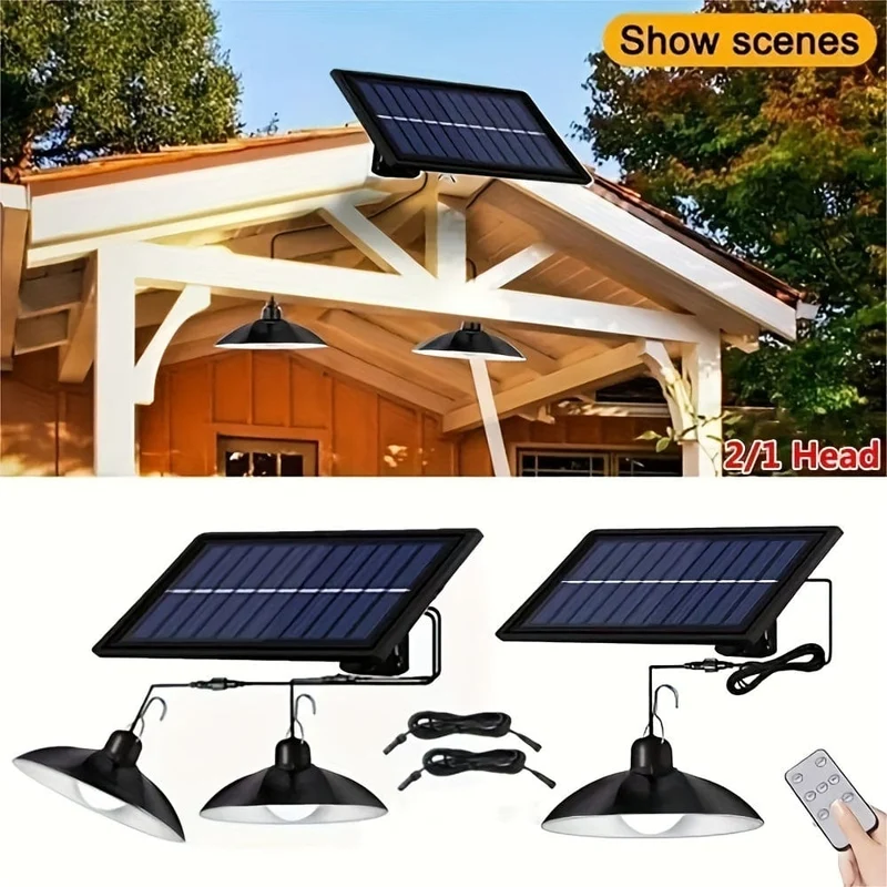 1 Stück Solar-Pendelleuchte, wasserdichte LED-Außenlampe, Doppelkopf-Kronleuchterdekorationen mit Fernbedienung für Innenschuppen, Scheunenraum