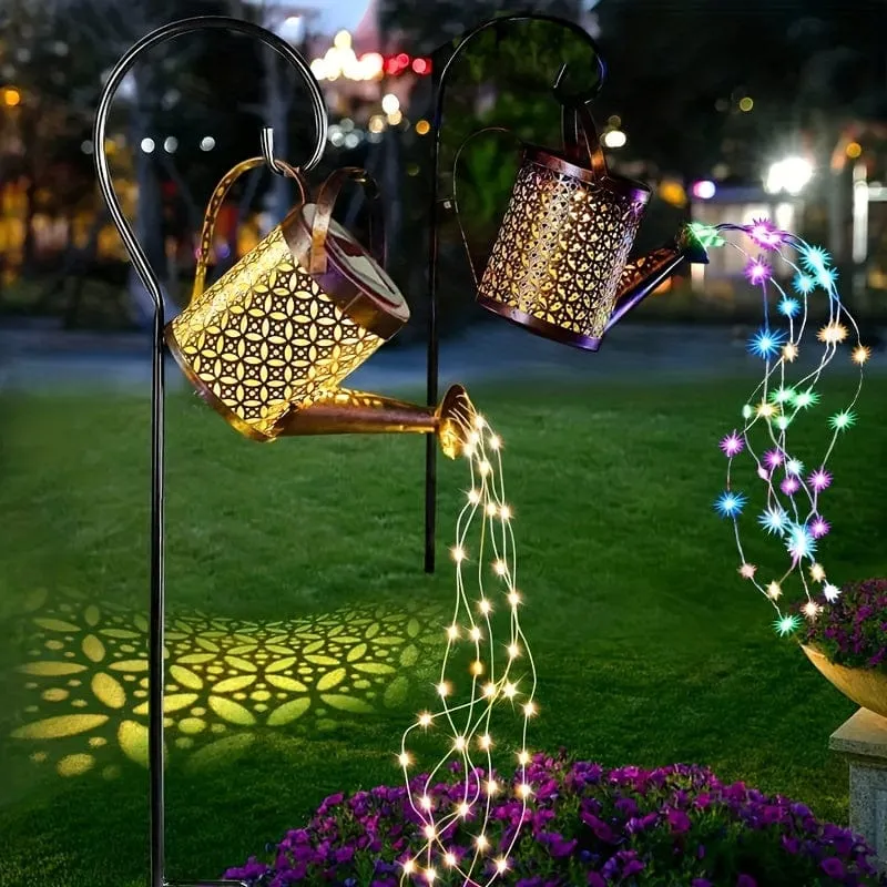 1 Stück Solar-Gießkannenlicht, Gartendekorationen, Außenduschlichter, große Retro-Metalllaterne mit hängendem Stern, blinkender LED-Feenkunst-Dekolicht, Halloween-Dekorationslichter im Freien, für Gehweg-Gartenterrasse im Freien